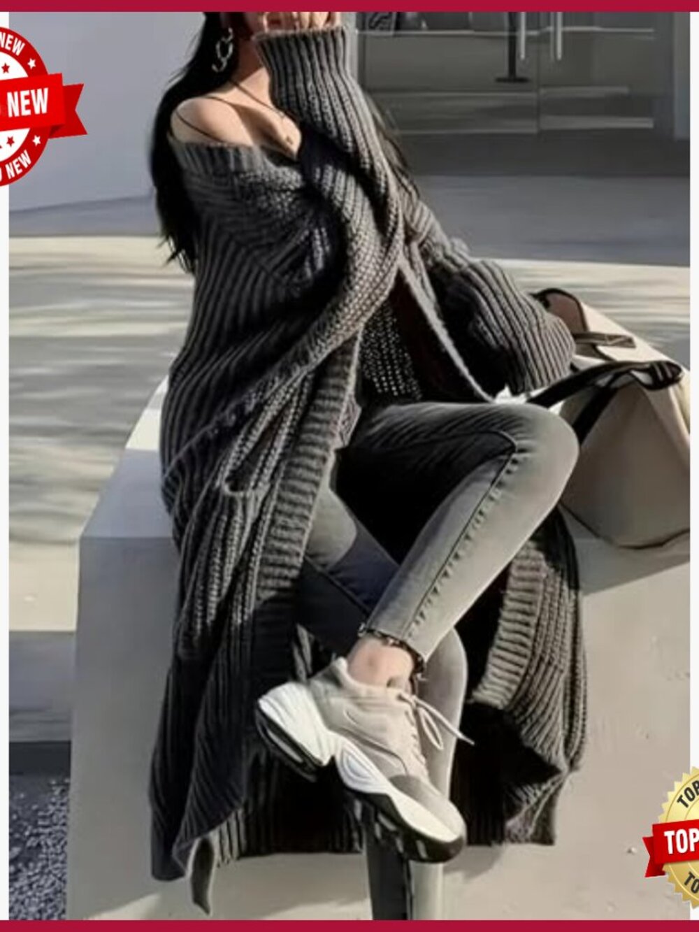 Plus Size Oversized Long Cardigan Sweater Chunky Knit Open Front Duster Coat - Picture 4 of 6